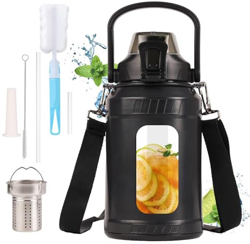 yeixzoua Botella Agua Cristal 1 litro, Botella de Agua Potable de Vidrio con Popote y Asa, Botella de Agua de Vidrio con Funda de Silicona, irrompiblecon, Para Gimnasio, uso Diario, Negro