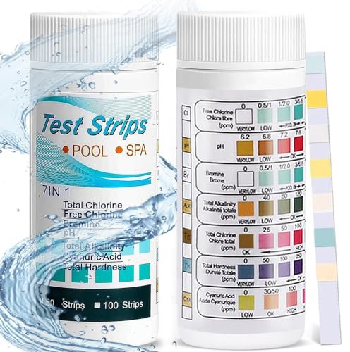 Tiras de Prueba 7 en 1, 100pcs Tiras Reactivas Probador Piscina, Tiras de Prueba Para Piscina, Bañera y SPA, para Probar Dureza Total, Cloro, Bromo, Alcalinidad Total, PH