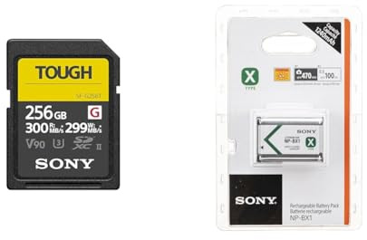 Sony SDXC UHS-II Speicherkarte mit 256GB, Schreiben mit 299 MB/s, 4k Video, Tough-Serie - Robust & IP68, SFG256T & NP-BX1 Li-Ion Akku (Typ X, 3,6V, 1240mAh) für Cyber-Shot