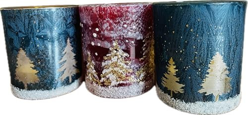 khevga Windlicht Weihnachten Winter aus Glas im Set Schwarz Weiß Gold Silber (Blau_Rot_Tanne, 3er Set)