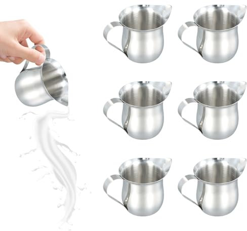 Lot of 6 Mini Pichet à Lait en Acier Inoxydable, Pichet Lait Inox 90ml Petit, Milk Frother Jug Small, 3 Oz Crémier Tasse à Sauce, Pichets pour Crème à Café pour Restaurant, Café, Usage Domestique
