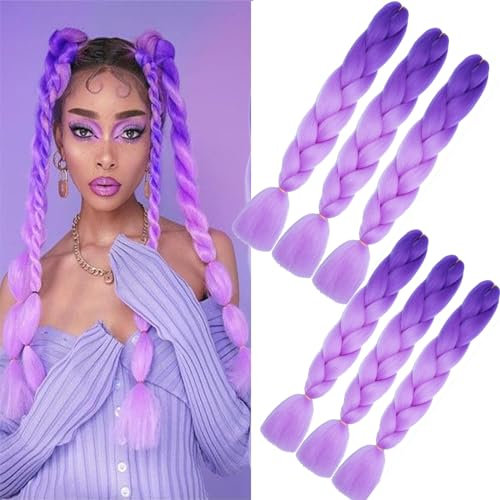 Confezione da 3 extension di capelli sintetici da 24 pollici colore da intrecciare stile afro per donne (da viola profondo a viola chiaro/B47, 24pollici-6 Packs)