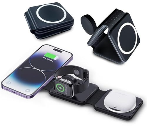 Hd-line 3 in 1 Magnetisches kabelloses Ladepad, Faltbare Ladegerät, Kompatibel mit iPhone 15 14 13 12, Apple Watch Ultra 9/8/7/6/5/4/3/2/SE/AirPods 2/3/Pro, Schnellladegerät, Schwarz