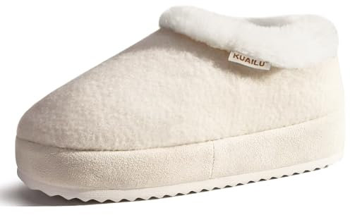 KuaiLu Hausschuhe Damen Geschlossen Winter Warme Plüsch Filz Pantoffeln Frauen Flauschige Filzhausschuhe Kuschel Fell Gefütterte Hüttenschuhe Rutschfest Feste Sohle Hause Filzpantoffeln Weiß EU39