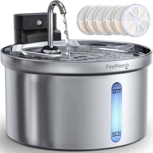 Kabelloser Katzenbrunnen Edelstahl mit Bewegungsmelder [Wasser-und Batterietrennung] FEELNEEDY Batteriebetriebener Trinkbrunnen für Katze mit Akku 4000mAh mit 6 Set Filters-3,5L INOX