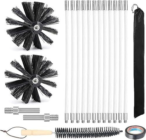 Kit Nettoyage Poêle à Granulés, Kit Ramonage Poêle Pellet, Buche de Ramonage Brosse Hérisson de Ramonage Cheminée pour Conduits (5 Mètres en 12 Cannes de 410mm+2 Tête Brosses Nylon 200mm+Accessoires)
