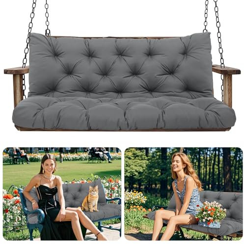 Amdieu Garden Swing Cushions 3 Seater Waterproof Bench Cushions with Backrest and 8 Ties12cm Thick Swing Cushions Replacement for Outdoor Furniture Garden Swing Porch Patio(Dark Gray-150 x 100 cm)