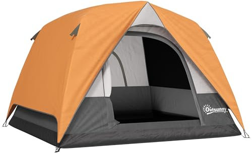 Outsunny Tienda de Campaña para 2-4 Personas Tienda de Camping Plegable con Puerta Ventanas de Malla Bolsillo Gancho y Bolsa de Transporte Impermeable Fácil Instalación para Senderismo Naranja y Gris