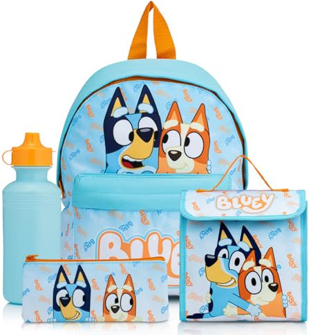 Bluey Backpack 4 Piece School Set with Lunch Bag, Water Bottle & Pencil Case | Boys School Bag with Kangaroo Pocket & Mesh Side | for Ages 2 to 7 Years