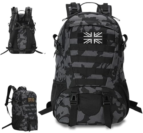 VIRAHYEM 30L Military Tactical Backpacks Molle Army Assault Pack | 3 Day Bug Out Bag Laptop Bag for Hiking Treeking Black Hunting Rucksack with 2 Flag Patches and Bottle Holder (Black Camo)