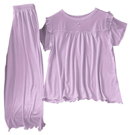 Ensemble Enfant Fille Pyjamas Pantalon et Tee Shirt Manche Courte à Volants Vêtements Ado Fille Chic pas Cher a la Mode Confortable Elegant Casual Plage Vacances 1-16 ans (Light Purple, 11-12 Years)