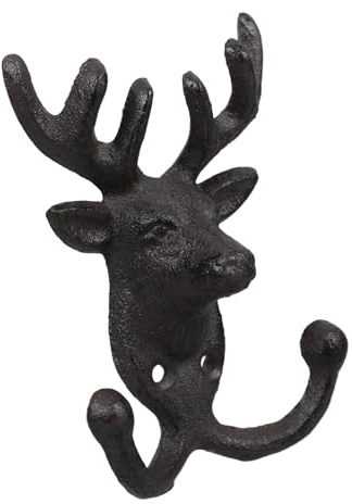 VILLFUL Rustikaler Gusseisen Wandhaken mit Hirschkopf im Vintage Stil Doppelhaken Design für Innenraum Wanddekoration Einfache Montage und Vielseitig Nutzbar