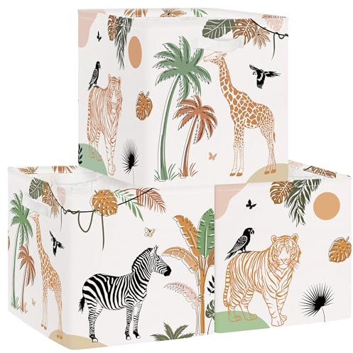 Clastyle 3 Stück Dschungeltiere Kinder Aufbewahrungsbox Stoff für Kallax Faltbar Aufbewahrungskorb Klein Damen Mädchen Schrank Organizer Kleiderschrank für Regal,Tiger,30x30x30 cm