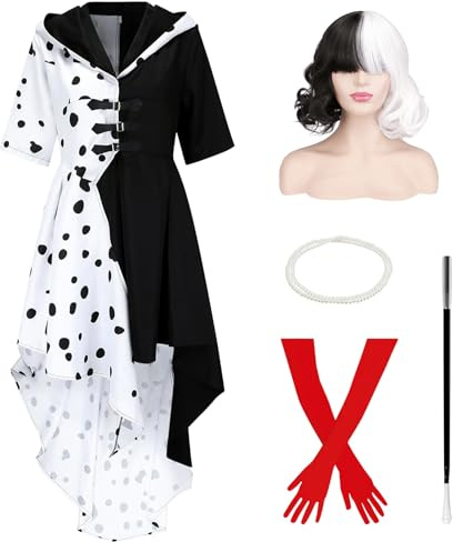 AMOBON Cruella Kostüm Damen Set: Cruella De Vil Kleid mit Perücke Handschuhe Perlenkette und Dekostab - Cruella Deville Kostüm für Halloween Karneval Fasching Cosplay Carnival Party