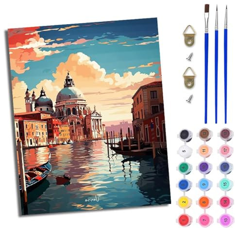 WJWWANG Malen Nach Zahlen DIY auf Leinwand Kit für Anfänger Venedig Mit Acryl Farben und Premium Pinsel 40x50CM Home Deko oder Geburtstag Weihnachten Geschenk
