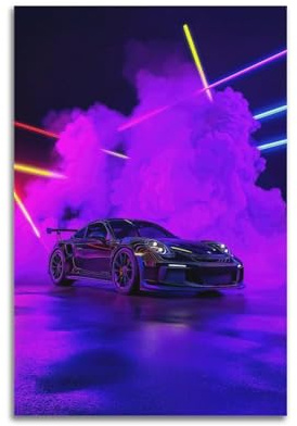 Póster 911 GT3 RS de noche de neón futurista con iluminación dinámica de coche deportivo, pintura decorativa en lienzo para pared e impresión artística moderna de decoración de dormitorio familiar, 60