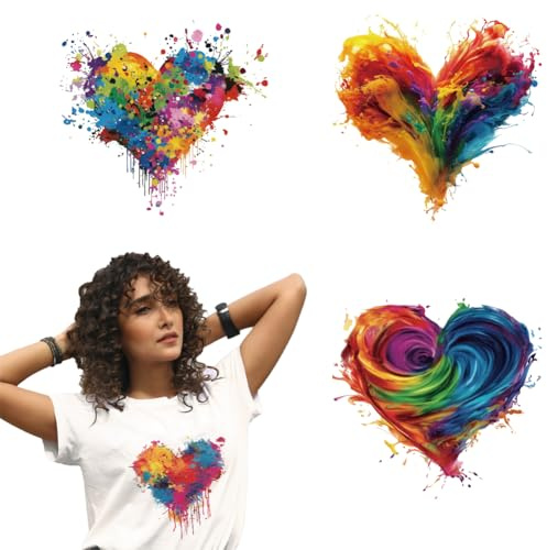 arricraft 4 Blatt Splatter Heart Iron On Stickers Bunte Farbe Herz Druck Transfer Aufkleber Aufkleber Für DIY T Shirt Jeans Kleidung Hut Dekoration Applikation