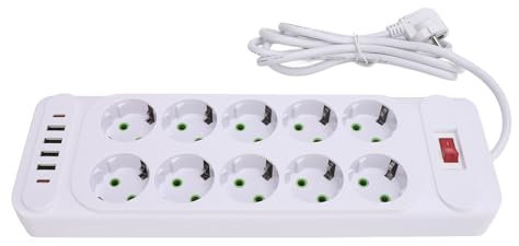 YWBL-WH Strip de Pulso Europeo Versátil con 10 Salidas de Aire Acondicionado 4 USB 2 Tipo -C Puertos de 2500W Interruptor de Sobrecarga para la Escuela TV TV ABS White 2m Cable (WHITE)