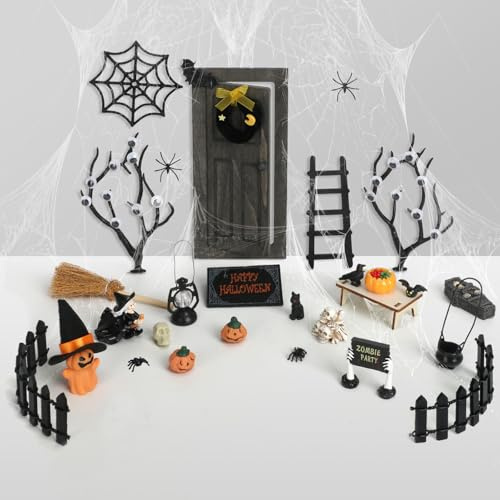 NVGVUP Halloween Wichteltür Miniatur Holz Komplettset Für Puppenhaus Deko | Mit Spinne, Fledermäusen, Kürbis, Skelett, Grabstein Und Besen Für Feenlandschaften, Saisonregale Oder Partytische