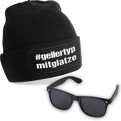Herzbotschaft Beanie mit Spruch | #geilertypmitglatze | Geiler Typ mit Glatze | schwarz + Sonnenbrille UV400 – Lustiges Party Outfit Set, Mütze & Brille für Après Ski, Festival, Junggesellenabschied