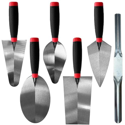 Hubaow 6 Pieces Masonry Hand Tool Set, Bricklaying Tools Includes Brick Trowel, Pointing Trowel, Bucket Trowels, Gauging Trowel & Convex Brick Jointer, Great Tool for Concrete, Cement, Plaster, Tile