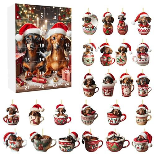 Calendrier de l'Avent de Noël 2025, 24 jours, pendentif chien, compte à rebours avec teckel en acrylique dans une tasse, surprise à suspendre pour les amoureux des animaux compagnie, style 3