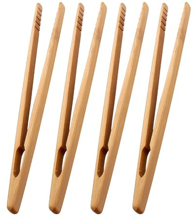 HONRIGO 4 Pcs Bamboo Toast Tongs, 7 Inch Reusable Wooden Cooking Tongs with Non-Slip Grip, Perfect for BBQ, Bread, Sushi