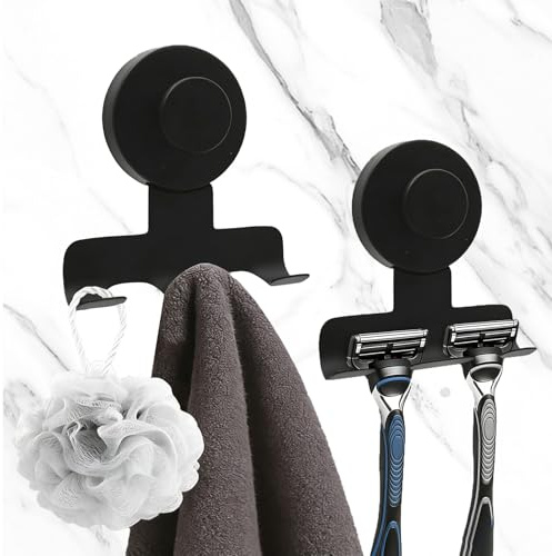 DONGZQAN 2PCS Halter Rasierer Dusche, Saugnapf Haken, Rasierer Halterung Dusche, Für Rasierer, Handtücher, Bademäntel und Abnehmbare Saugnapfhaken (Black)