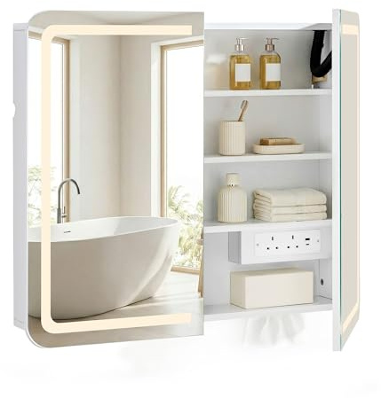 CLIPOP LED Bathroom Cabinet 2-Door with Shaver Socket & Anti-Fog Mirror | White Bathroom Mirror Cabinets with 6 Shelves, Built-in Tissue Shelf for Bathroom, Round Corner, Wall Mounted