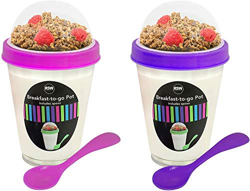Breakfast to Go Pot Handy Yogurt Pot Cereal Compartment Healthy Snack Fruit Tub Yoghurt Pot Re-usable Plastic Breakfast Pot - Pack of 2 Pink