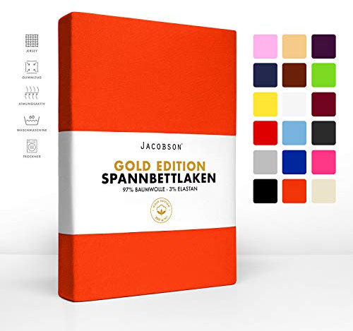 Jacobson Gold Edition Jersey Spannbettlaken Spannbetttuch Baumwolle mit ELASTAN ca. 200 g/m² (200 x 220 cm + 40cm, Orange)