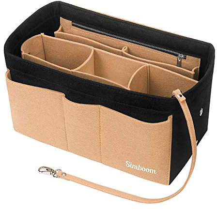 SIMBOOM Felt Bag Organizer Insert, Handbag Liner Tote Organiser Pouch (Black and Beige, L)