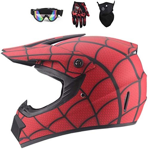Full Face MTB Helm, Rot Black Stripe Kinder und Erwachsene Motocross Helmset Schutzbrillen Maske Handschuhe mit, für Downhill MX AVT Dirt Moto Bike (M)