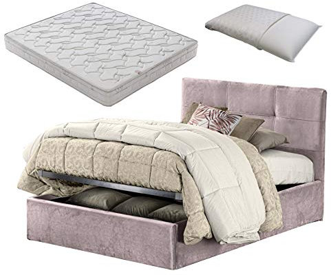 SARDAMATERASSI Letto 1 piazza e mezza con box contenitore PINK rosa velluto + materasso piazza e mezza 120x190 memory foam+ guanciale in memory saponetta sfoderabile
