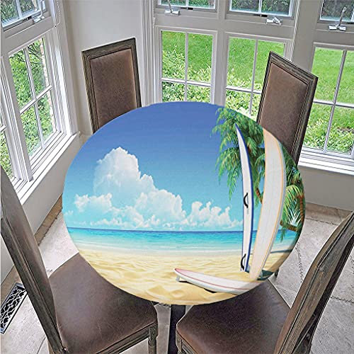 FANSU 3D Runde Tischdecke Wasserabweisende, Blauer Strand Muster Abwaschbar Garten Tischdecke rutschfest Abwischbare Wachstuch Desktop Dekorative Tuch Hotel Bankett Party (Blaues Surfbrett,130cm)