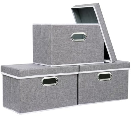 Yawinhe Storage Box with Lids 3 Pack, Collapsible Clothing Shelf Basket, for Organizing Clothes, 32x23x20cm, Grey, SNK023G-3