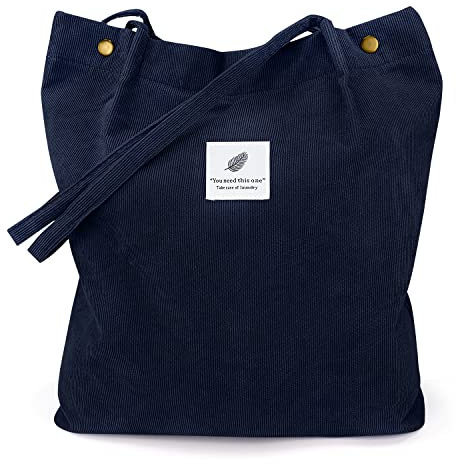 LHMTQVK Cord-Tragetaschen für Damen, große Kapazität, wiederverwendbare Einkaufs-Umhängetasche mit Innentaschen, Marineblau, Large