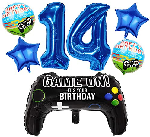 Liitata Videospiel 14. Geburtstag Deko Jungen Gamer Geburtstag Party Deko Zahl 14 Folienballon Blau Großes Gamecontroller Luftballon Stern Ballon für Junge Geburtstag Motto Party Deko