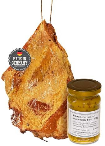 Schäufele-Paket - Set 4 x 1200g Schäufle + Altbadischer Senf - goldgelb geräuchert - herzhaft rauchiges Aroma - Kassler Spezialität aus Baden für Backofen