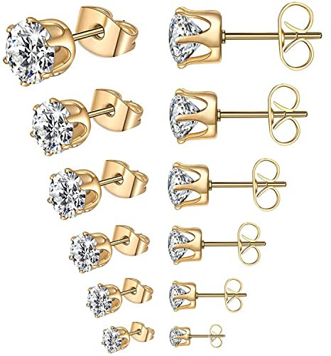 Thokono 6 Paar Ohrringe Set Edelstahl Hypoallergene Sparkling CZ Diamant Ohrstecker Zirkonia für Damen Herren Mädchen Männer 3mm-8mm Golden