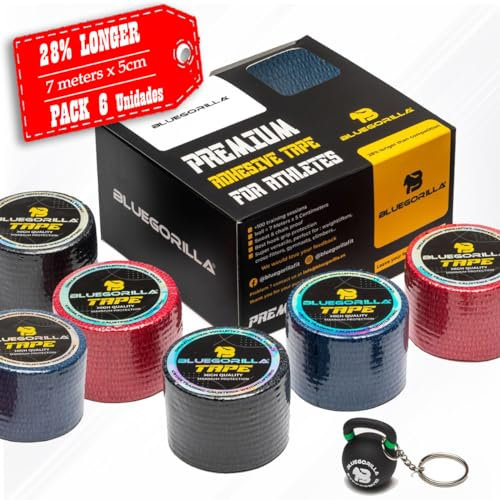 BLUEGORILLA Crossfit Tape, Sport Tape - 7 Meter x 5 Cm - fingertape, grip tapes - finger tape, elastische bandage grips - Packung mit 3 oder 6 Rollen. Schlüsselanhänger als Geschenk.