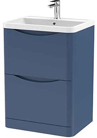 nuie LUN301 Lunar Modern Bathroom Floor Standing 2 Drawer Vanity Basin Unit with Polymarble Basin, 600mm, Satin Blue