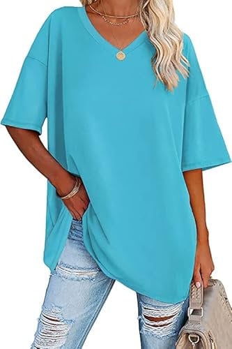 Ebifin Women's Oversized T Shirts Half Sleeve Plain V Neck T Shirt Basic Tees Loose Cotton Tunic Tops.Sky Blue.L