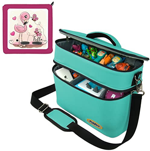 PUNALU große Tasche für Toniebox inkl. Schutzfolie passend für Toniebox, Platz für 68 Tonies, Set Toniebox Tasche + Toniebox Aufkleber (Flamingo türkis)