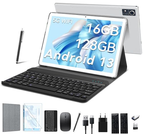 5G WiFi Android Tablet 10 Pulgadas con 16 GB RAM+128 GB ROM (1 TB TF),2 en 1 Tablet con Teclado y ratón, lápiz MTK Octa-Core2.0 GHz,7000 mAh,1080 FHD,5 MP+13 MP,BT,Google GMS-Plata