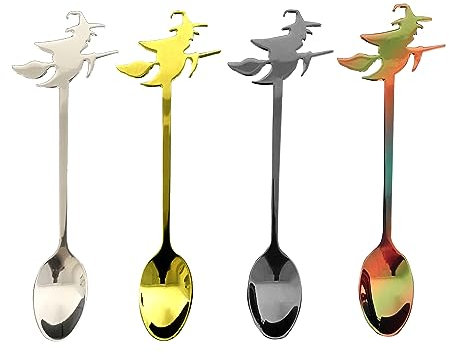 Winkee - Lot de 4 cuillères à café sorcières - Cuillères élégantes au look sorcière - Cuillères à café multicolores - Cuillères à expresso - Cuillères à œufs - Acier inoxydable - Cadeau de Noël,
