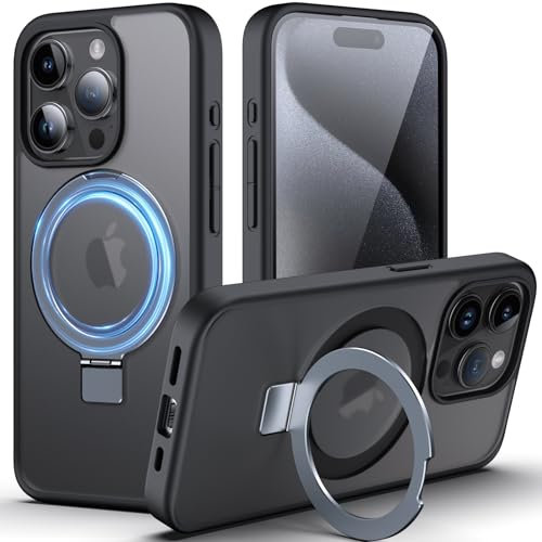 DASFOND für iPhone 15 Pro Hülle mit MagStänder, [Kompatibel mit MagSafe] Militär Handyhülle Stoßfest und Kratzfest, Magnetische Matte Case Schutzhülle mit Ringhalter, Schwarz