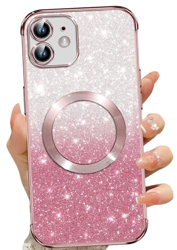 Phoona Coque Magnétique pour iPhone 11, Etui à Paillettes Compatible avec MagSafe, Antichoc Charge sans Fil Housse pour iPhone 11, avec 2 Verre Trempé, Rose