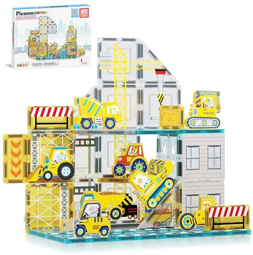 PicassoTiles Magnet Tiles Magnetic Building Blocks with 8 Construction Vehicles Crank Truck Excavator Bulldozer Road Roller Concrete Mixer Tractor Dump Truck Forklift Toys Learning Kids Ages 3+ PTQ11