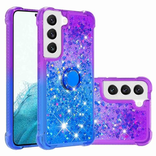 Reevermap Samsung Galaxy S21 FE Phone Case with Ring Holder Kickstand, Clear Glitter Liquid Floating Silicone Case Sparkle 360 Degree Rotating Ring Grip Case Cover for Girls Women, Purple & Blue